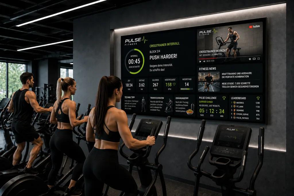 Cardio-Bereich im Fitnessstudio mit Laufbändern und Spinning-Bikes vor einem ScreenWay Display mit Trainingstipps und Leaderboard