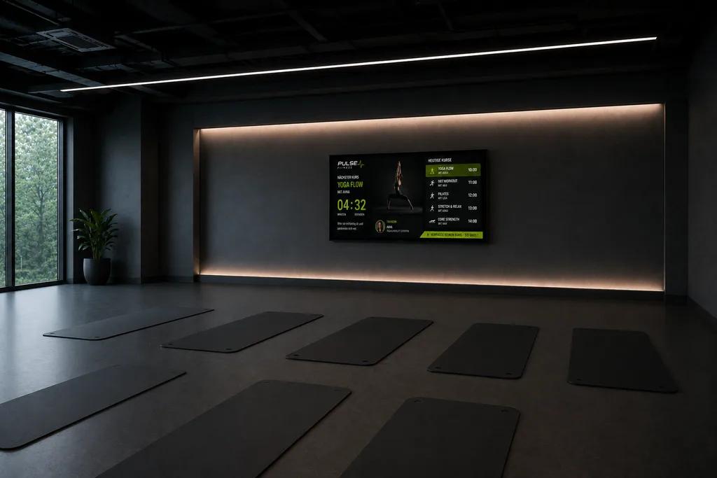 Gruppen-Kursraum im Fitnessstudio mit ScreenWay Display, das Kurszeiten, Trainer-Vorstellung und Countdown zum nächsten Kurs zeigt