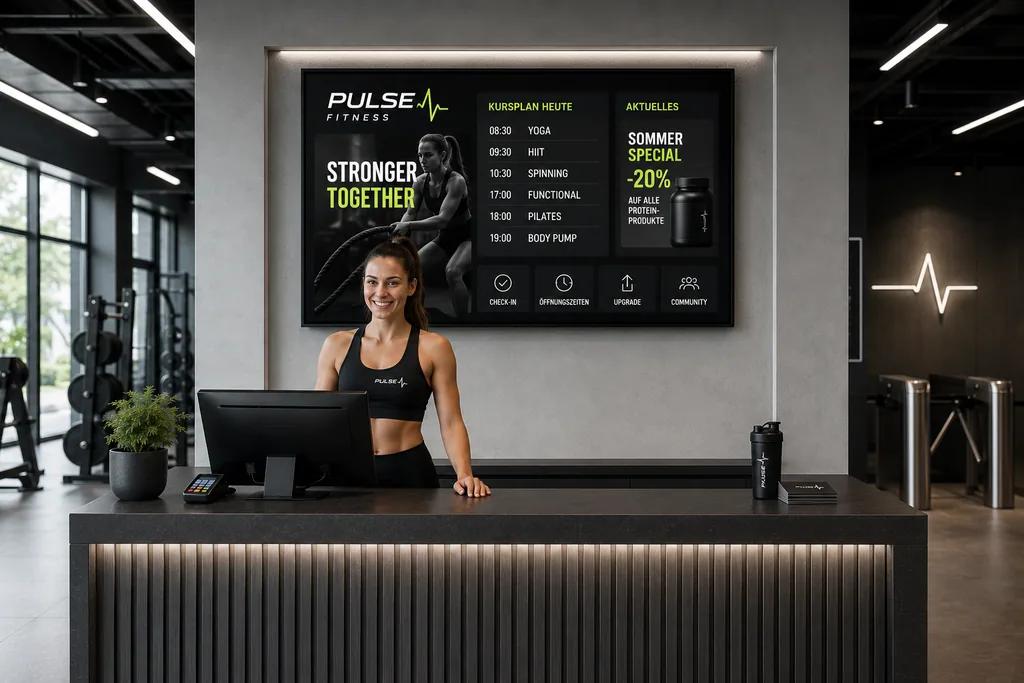 Empfangsbereich eines Fitnessstudios mit ScreenWay Display, das Kursplan und Begrüßung für ankommende Mitglieder zeigt