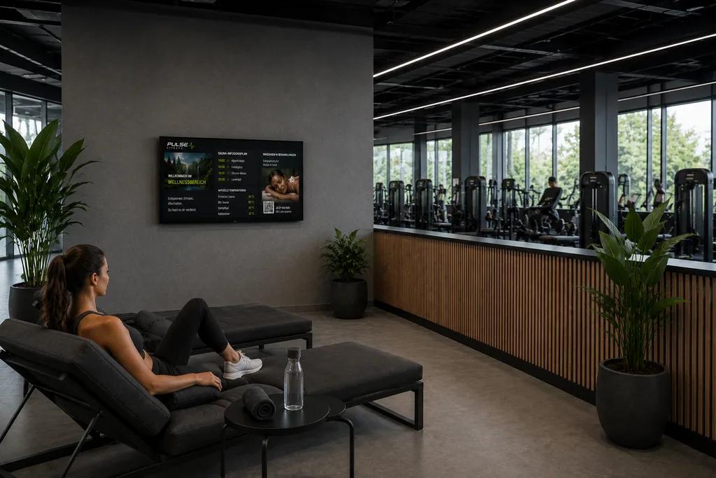 Spa- und Wellnessbereich im Fitnessstudio mit ScreenWay Display, das ruhige Atmosphärebilder und Buchungshinweise für Massagen und Sauna zeigt