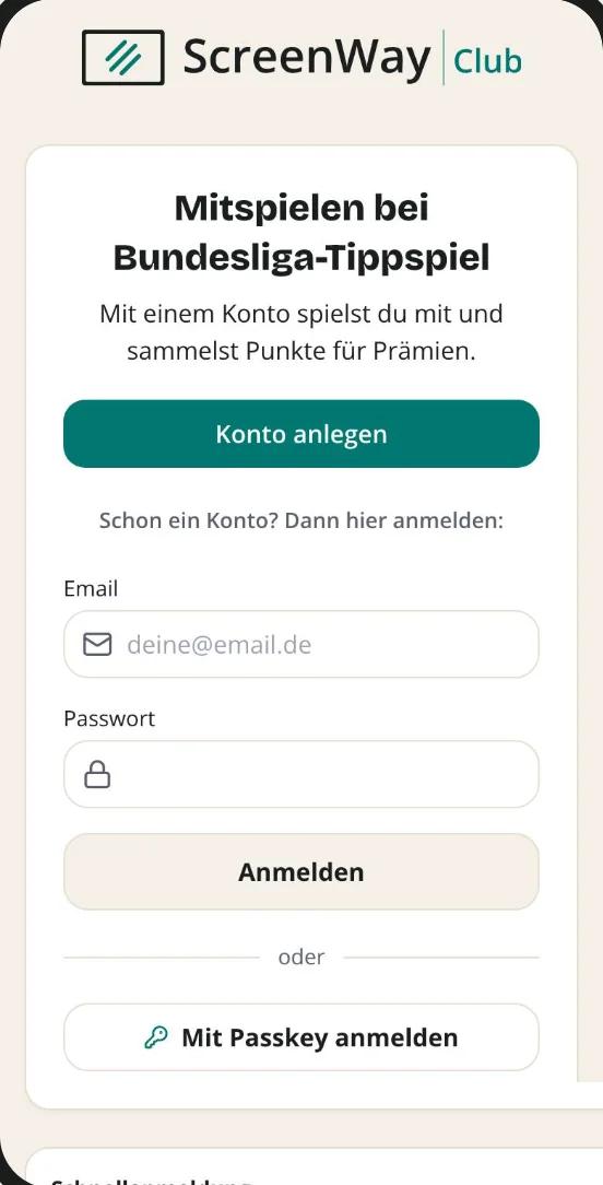 Member app: joining the Bundesliga prediction game by creating an account or signing in with a passkey