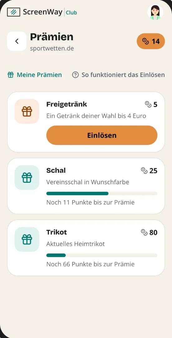 Member app: rewards with point price, progress bar and a redeem button