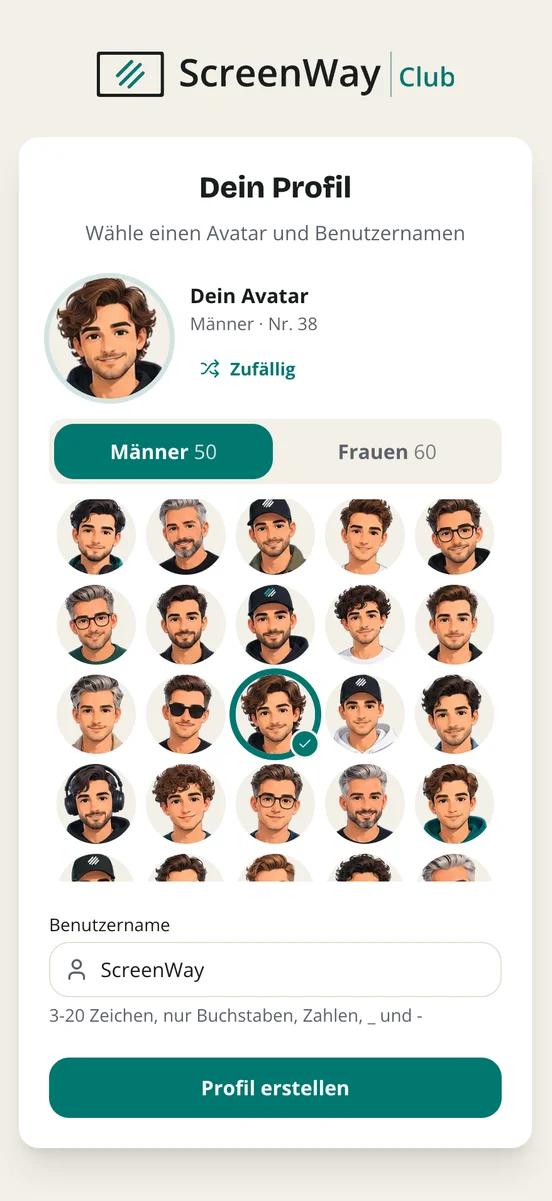 Member app: creating a profile with an avatar from 50 men's and 60 women's designs and a username
