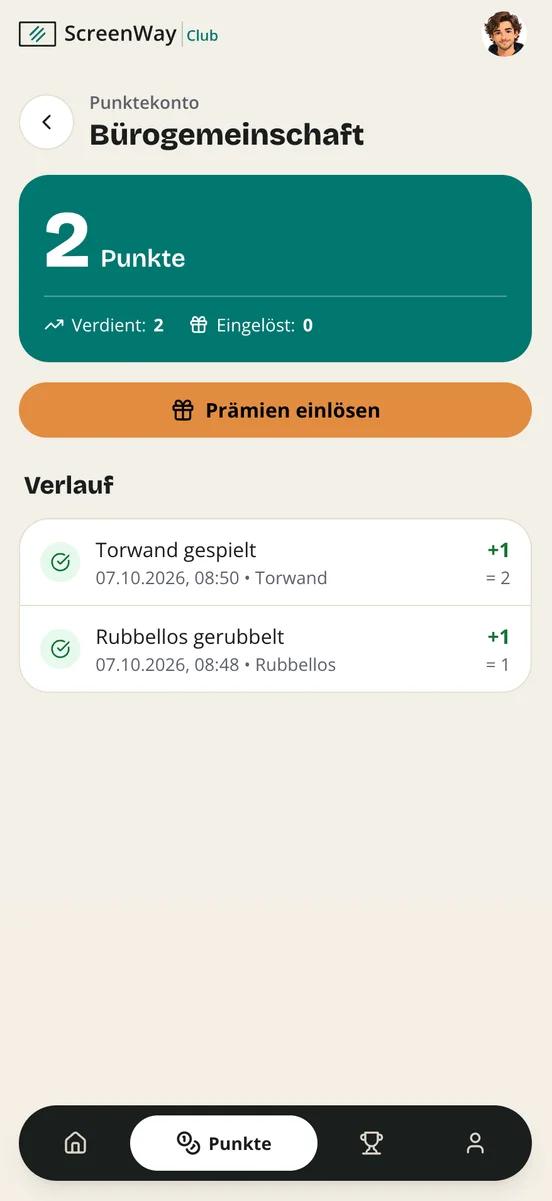 Member app: points account with earned and redeemed points and a history of Torwand and scratch card