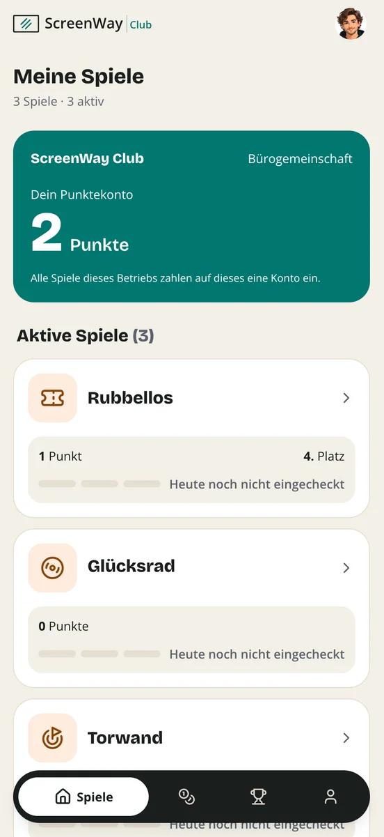 Member app: My games with the business's points account and the active games scratch card, prize wheel and Torwand