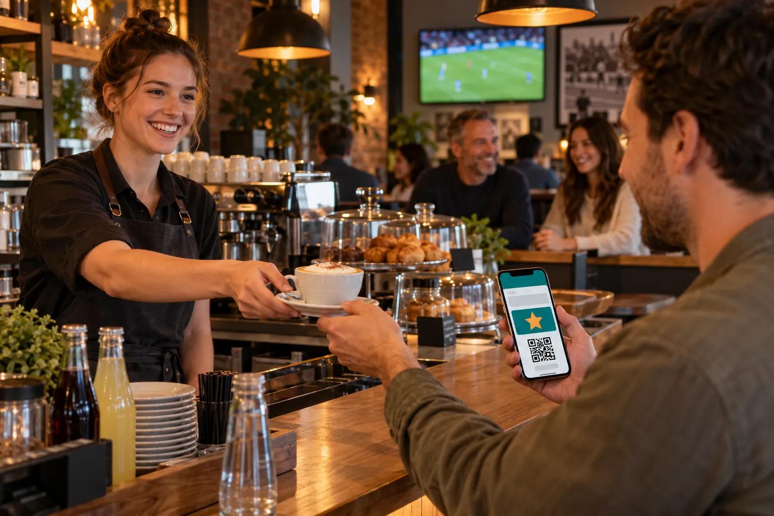 A host hands a guest a cappuccino as a reward across the counter