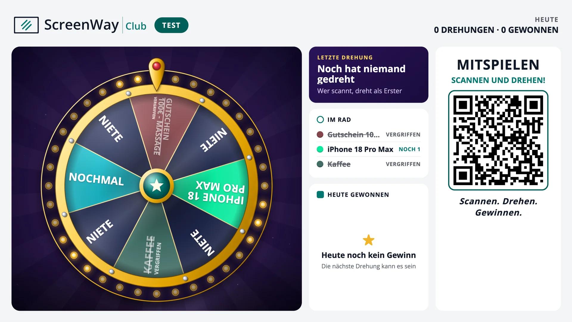 Screen on site: prize wheel with prize segments, the prizes in the wheel and the QR code to join