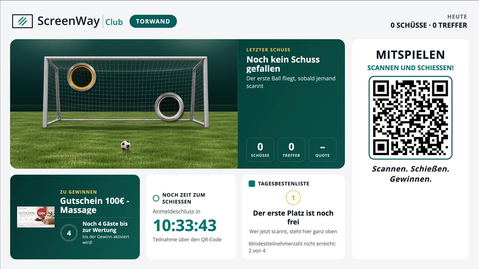 Screen on site: goal wall on grass, daily prize, countdown to the entry deadline and daily leaderboard