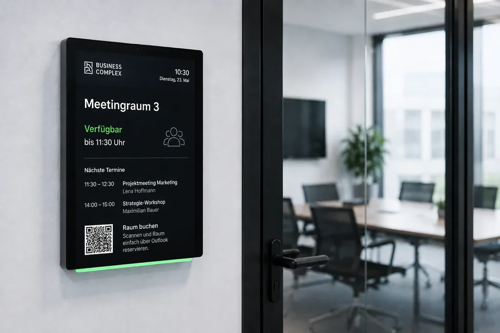 ScreenWay digitales Türschild für Meetingräume Digitales Türschild Meetingraum mit Belegungsstatus und Tagesterminen vor Konferenzraum