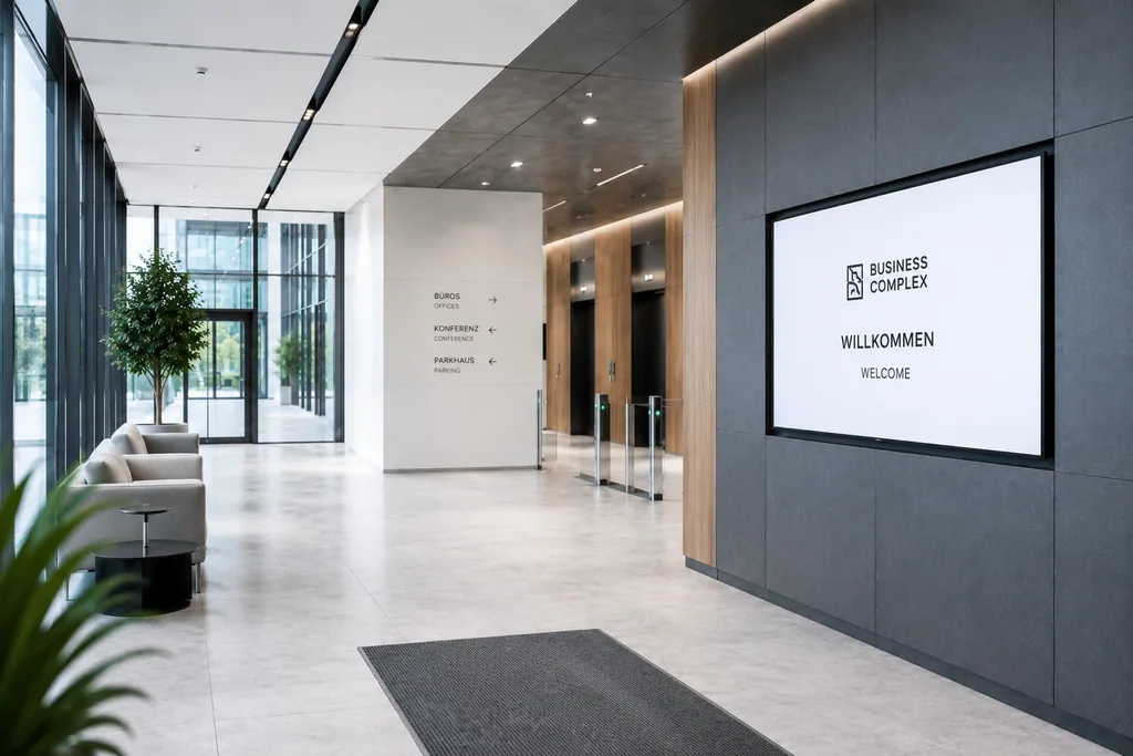 Moderne Bürolobby mit ScreenWay Willkommens-Display an der dunklen Empfangswand