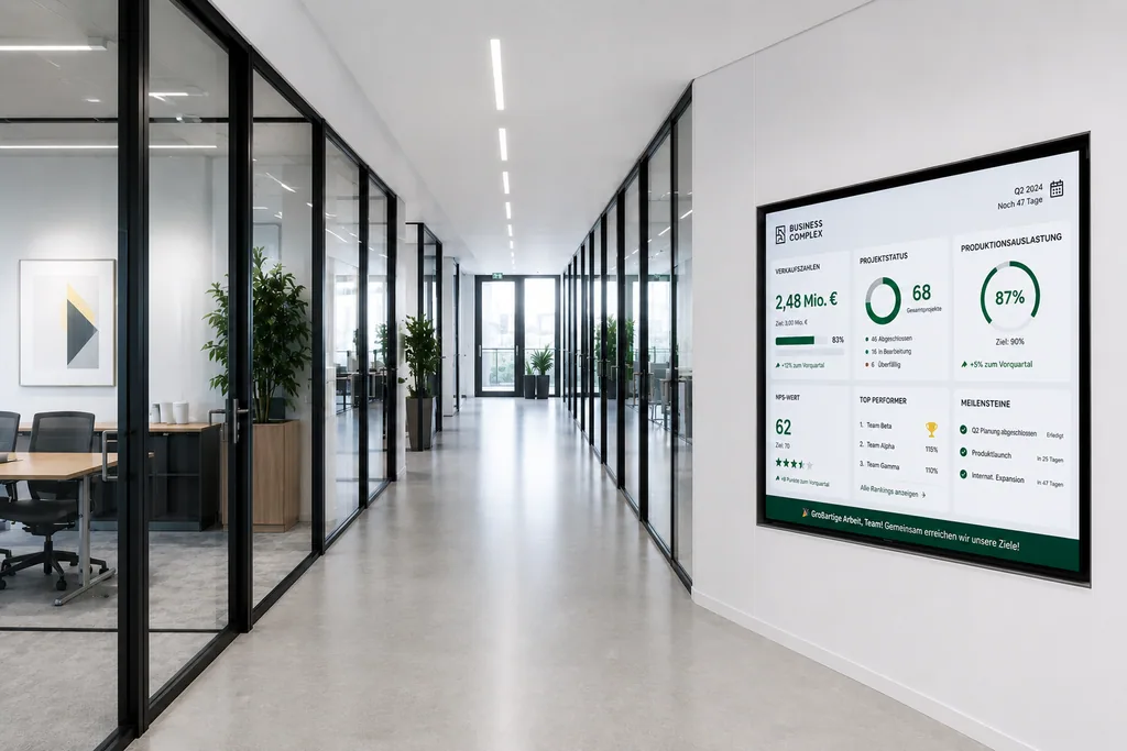 ScreenWay Display im Büroflur zeigt Umsatz, KPIs und Quartalsziele für die Teams