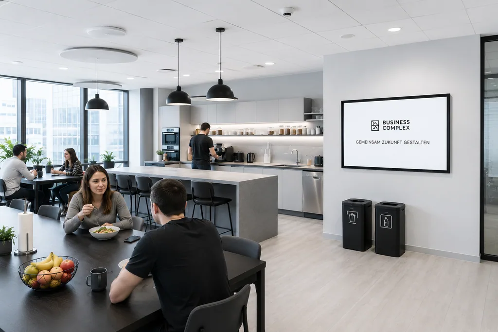 Mitarbeitende beim Mittagessen in der Bürokitchen mit ScreenWay Display im Hintergrund