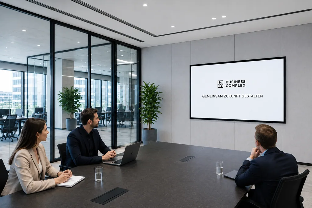 Konferenzraum mit drei Kolleg:innen im Meeting und ScreenWay Display an der Wand