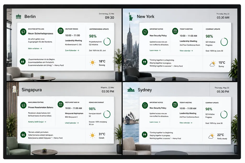 ScreenWay Multi-Standort-Dashboard mit Live-Ansicht aus Berlin, New York, Singapur und Sydney