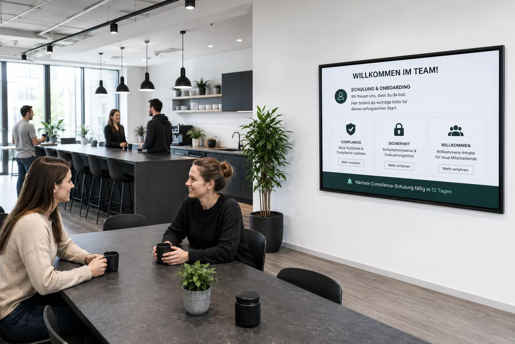 Zwei Kolleginnen im Bürolounge-Bereich vor einem ScreenWay Onboarding-Display mit Willkommens- und Compliance-Inhalten
