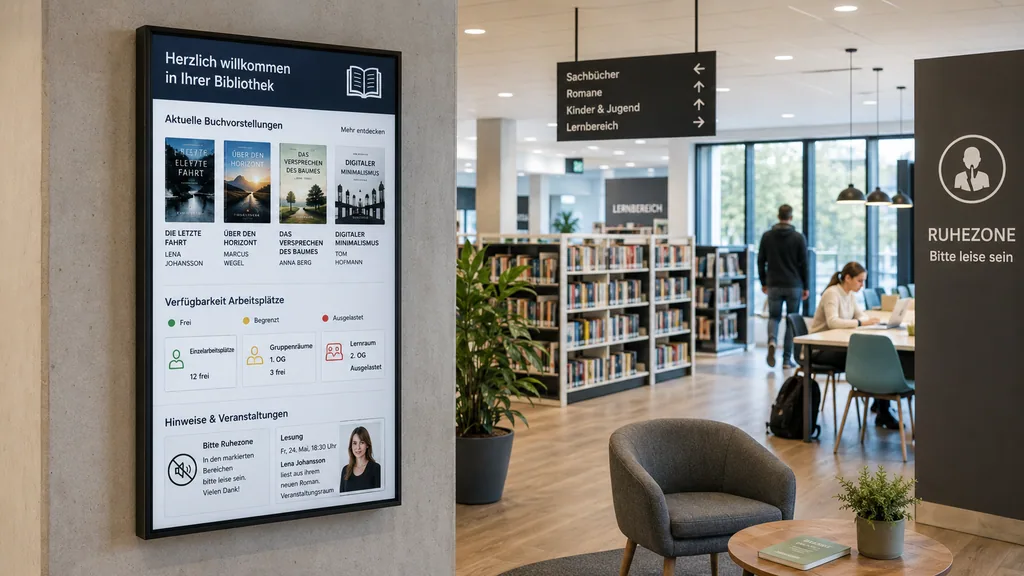 Display in der Schulbibliothek zeigt Buchvorstellungen und Arbeitsplatz-Verfügbarkeit