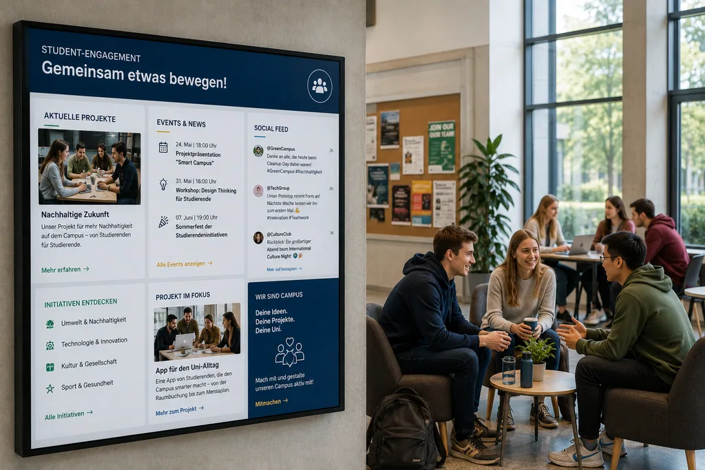 Display mit Studierenden-Engagement zeigt Projekte und Social-Media-Feeds