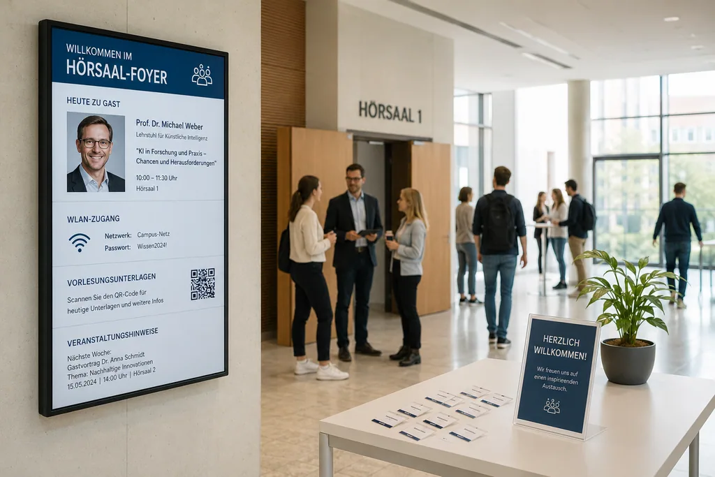 Display im Hörsaal-Foyer begrüßt Gastreferenten und zeigt WLAN-Zugang