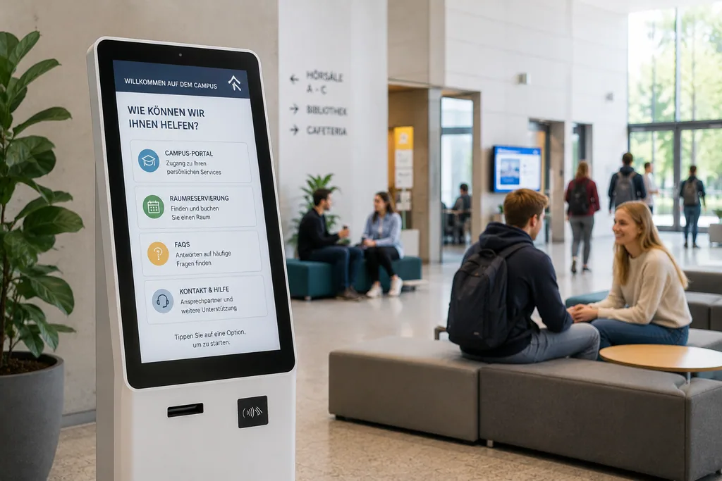 Self-Service-Kiosk im Campus-Foyer mit Zugang zu Portalen und Reservierungen