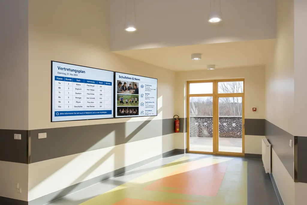 Schulfoyer mit ScreenWay Display zeigt aktuellen Vertretungsplan