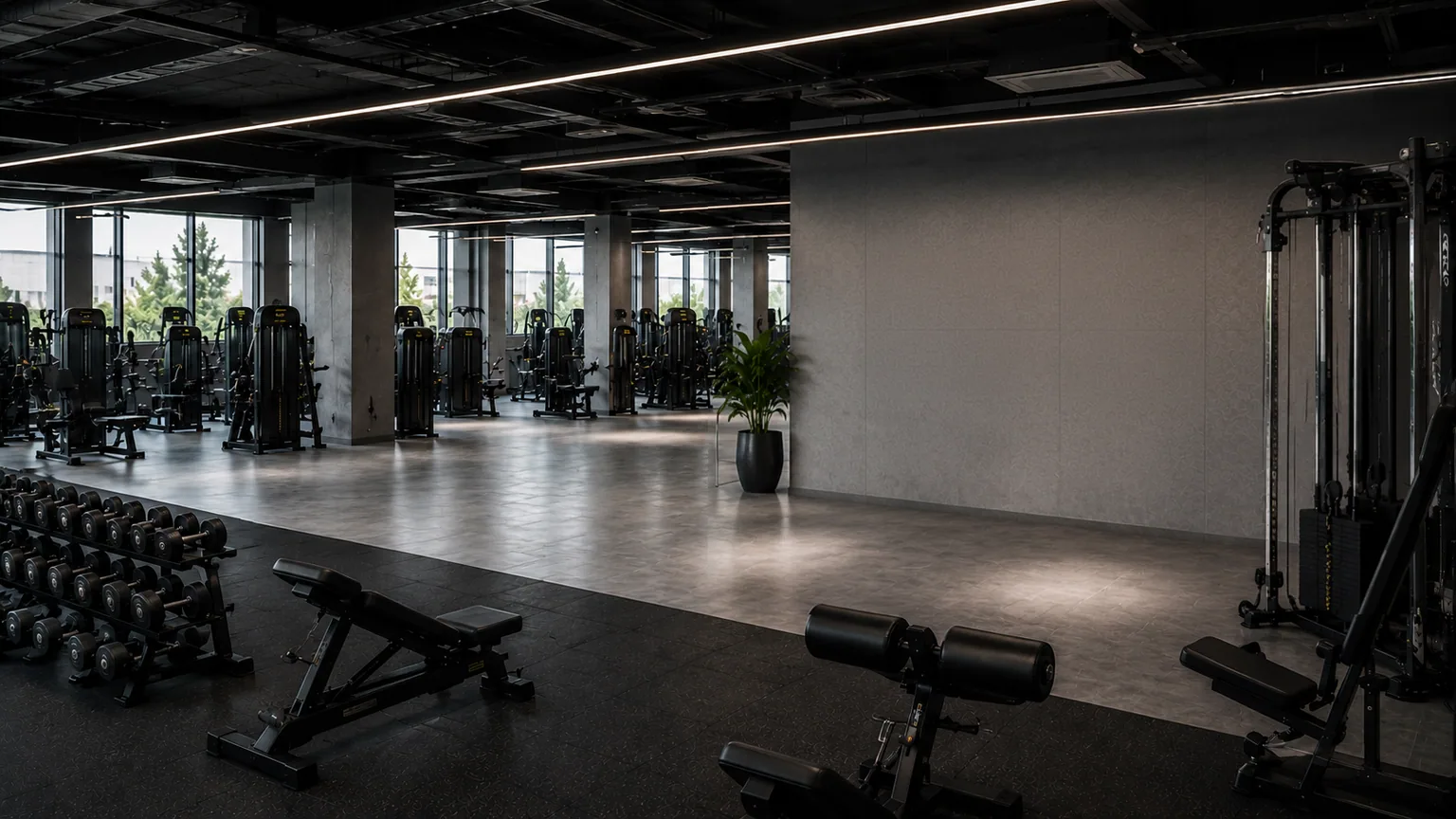 Modernes Fitnessstudio mit ScreenWay-Display über der Trainingsfläche