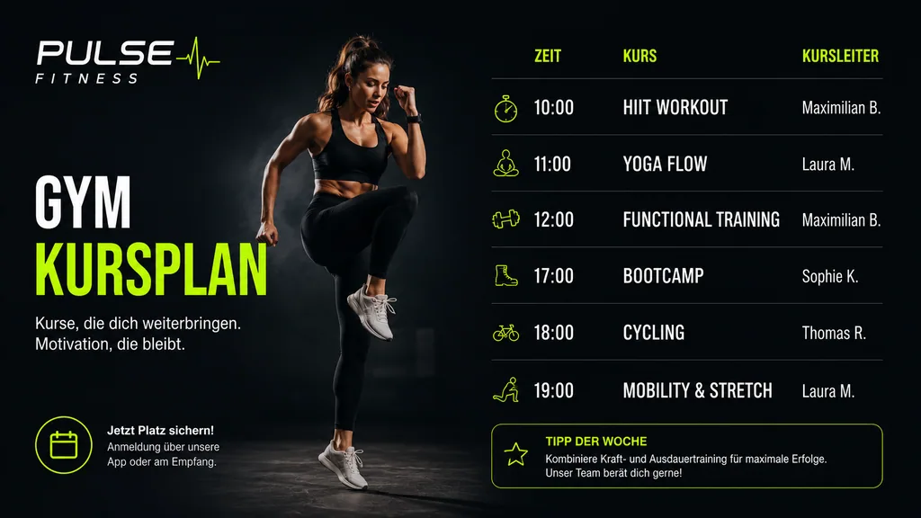 Digitaler Kursplan auf ScreenWay: HIIT, Yoga, Functional Training, Bootcamp, Cycling und Mobility mit Trainerinfo und Zeiten