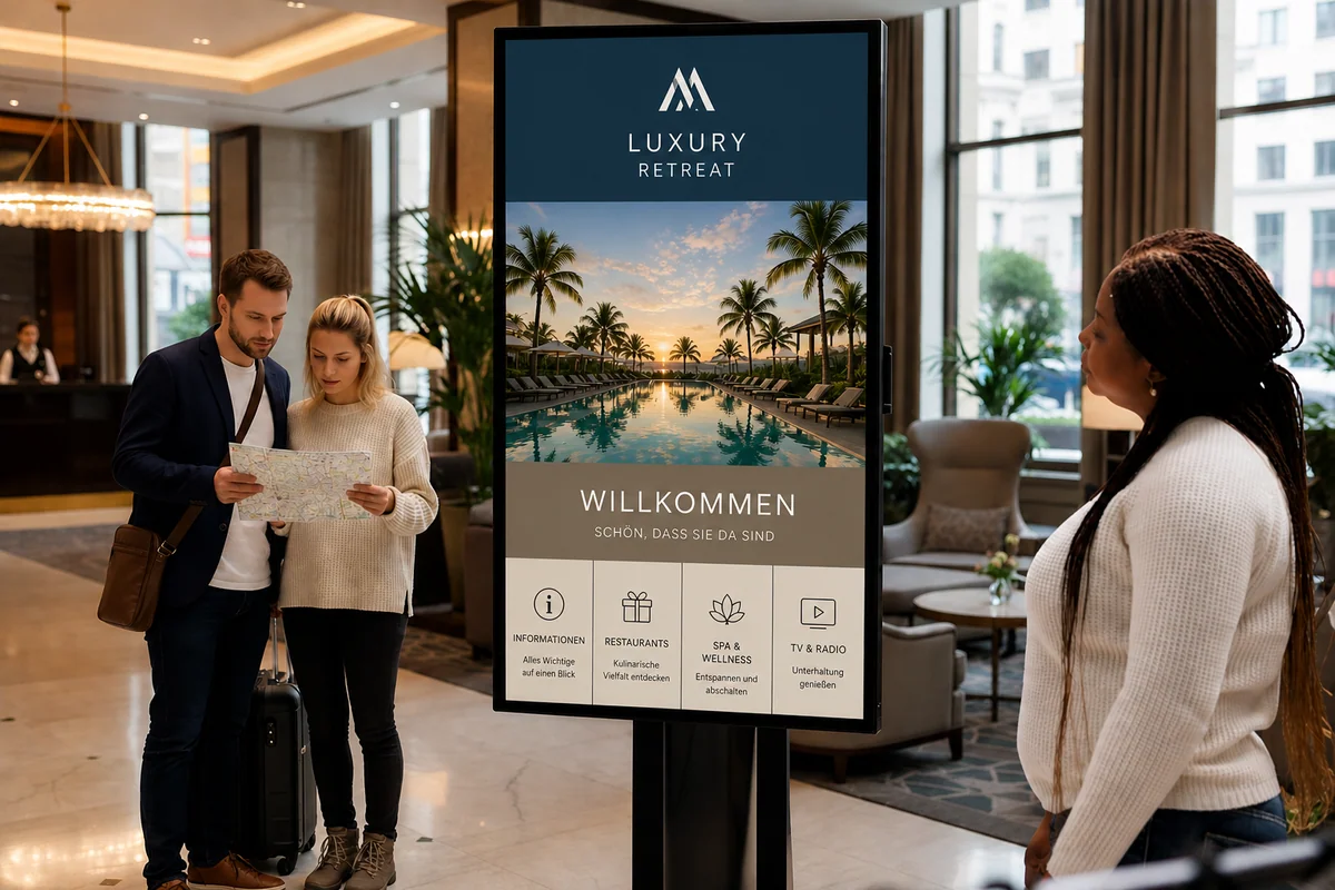 Hotelgäste vor digitalem Concierge-Display mit Welcome-Screen und Servicekategorien
