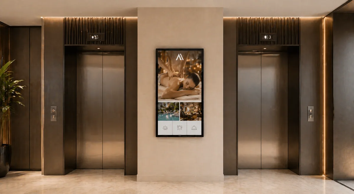 Hotelaufzug mit ScreenWay-Bildschirm für Spa-Updates und Tagesangebote