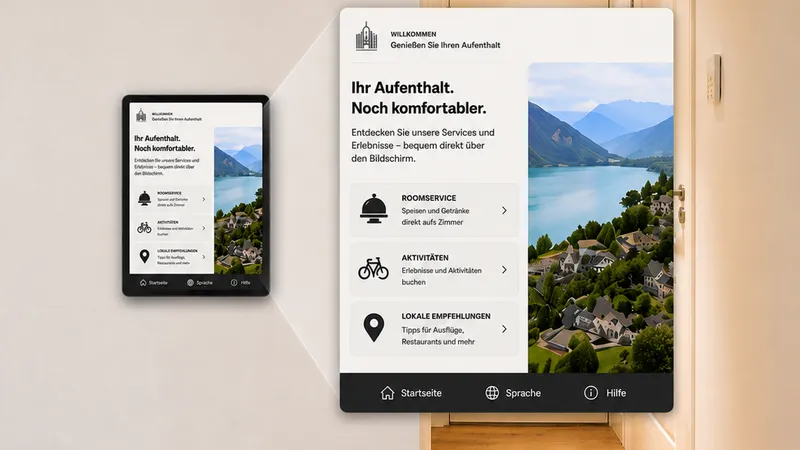 Modernes Hotelzimmer mit ScreenWay-Display für Roomservice, Aktivitäten und lokale Empfehlungen