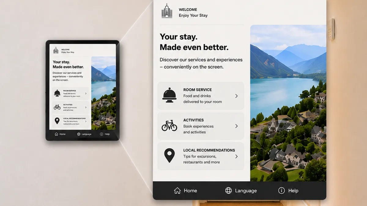 Modern hotel room with ScreenWay display for room service, activities and local recommendations