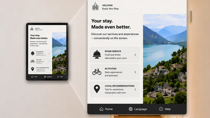 Modern hotel room with ScreenWay display for room service, activities and local recommendations