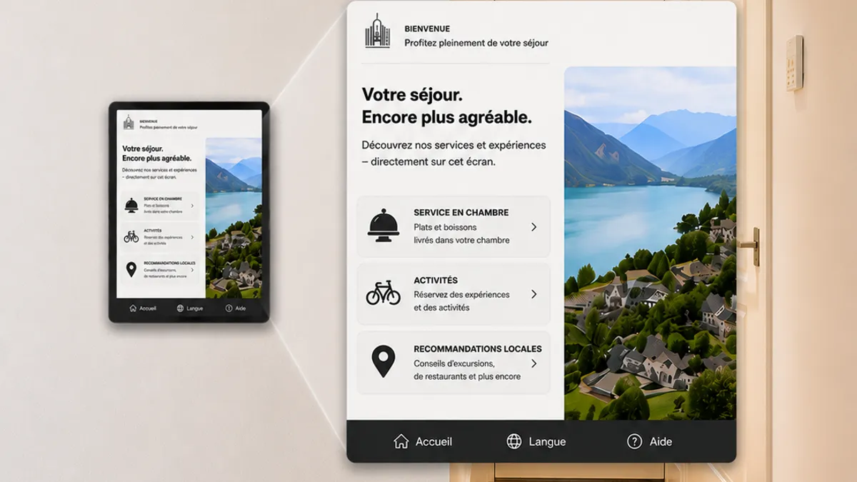 Chambre d'hôtel moderne avec écran ScreenWay pour le room service, les activités et les recommandations locales