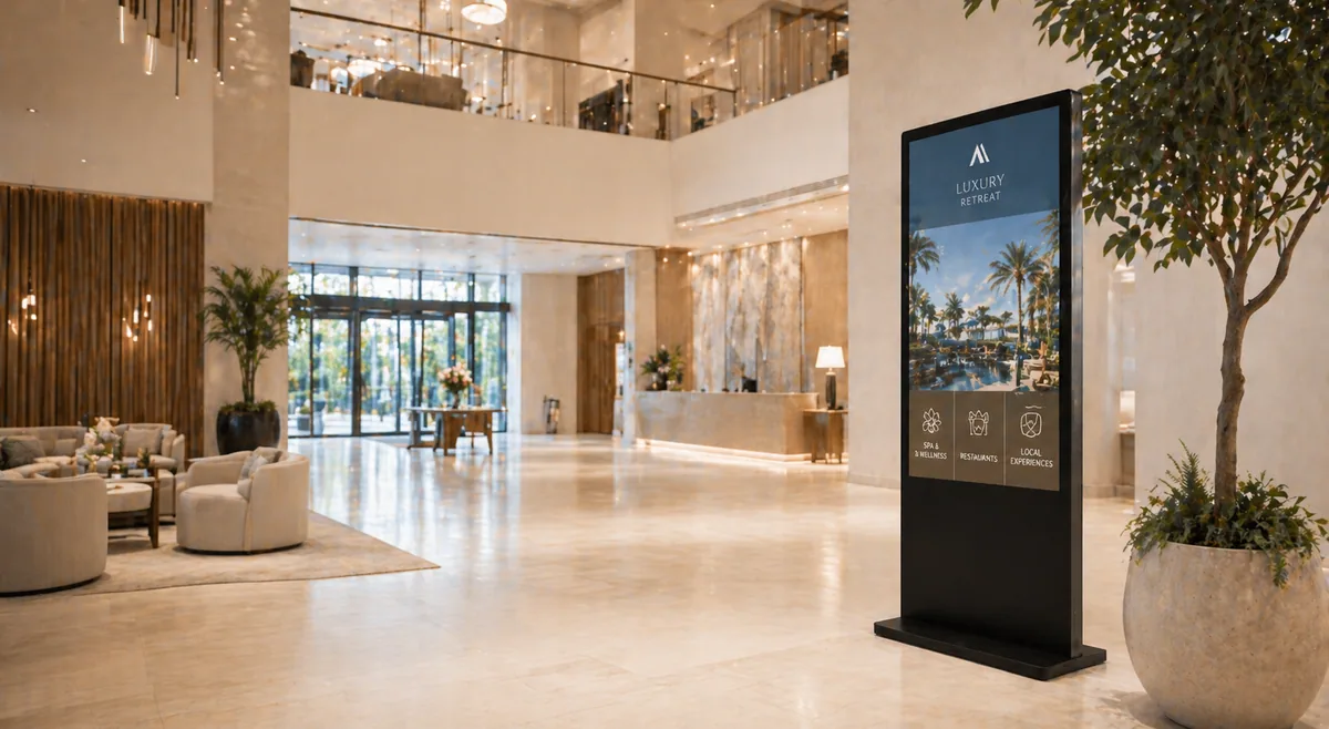 Hotellobby mit großem ScreenWay-Bildschirm und persönlicher Gästebegrüßung