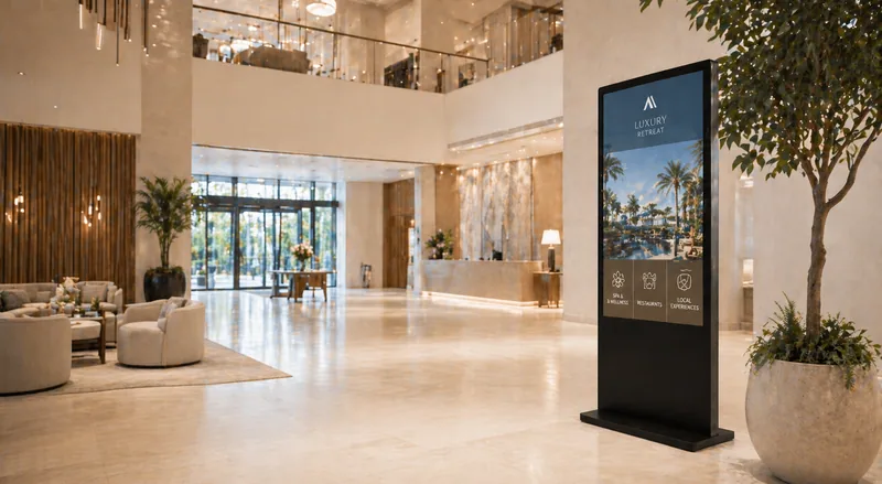 Hotellobby mit großem ScreenWay-Bildschirm und persönlicher Gästebegrüßung
