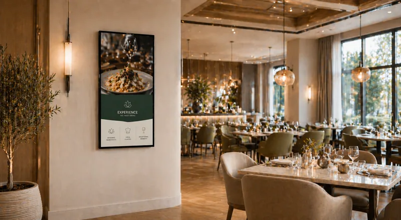 Hotelrestaurant mit ScreenWay-Bildschirm für digitale Weinkarte und Tages-Specials
