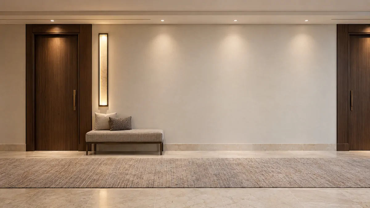 Flur vor den Tagungsräumen eines Hotels mit ScreenWay Wandbildschirm und Tagesprogramm
