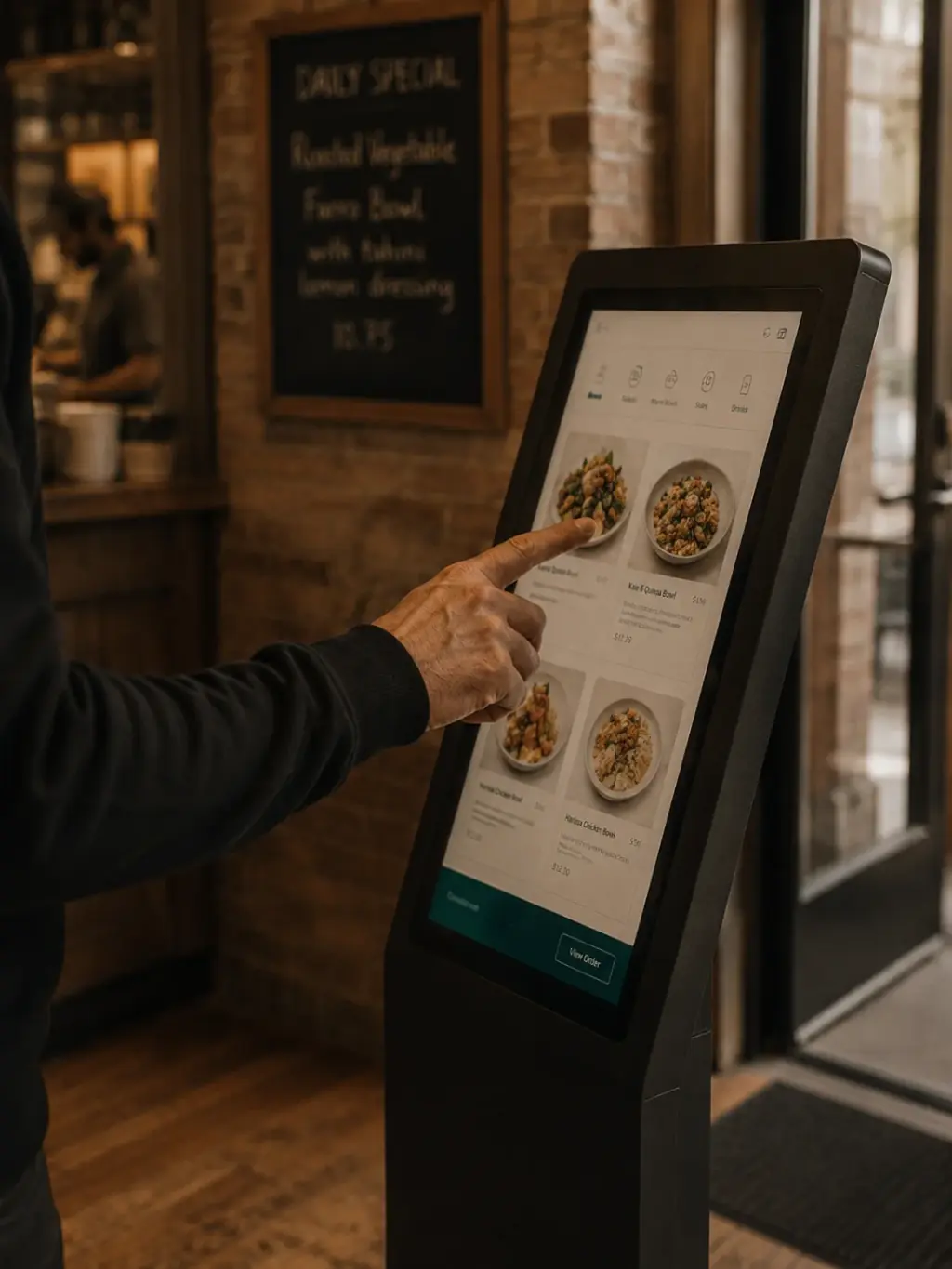 Hand bedient interaktiven Self-Service-Kiosk im Restaurant