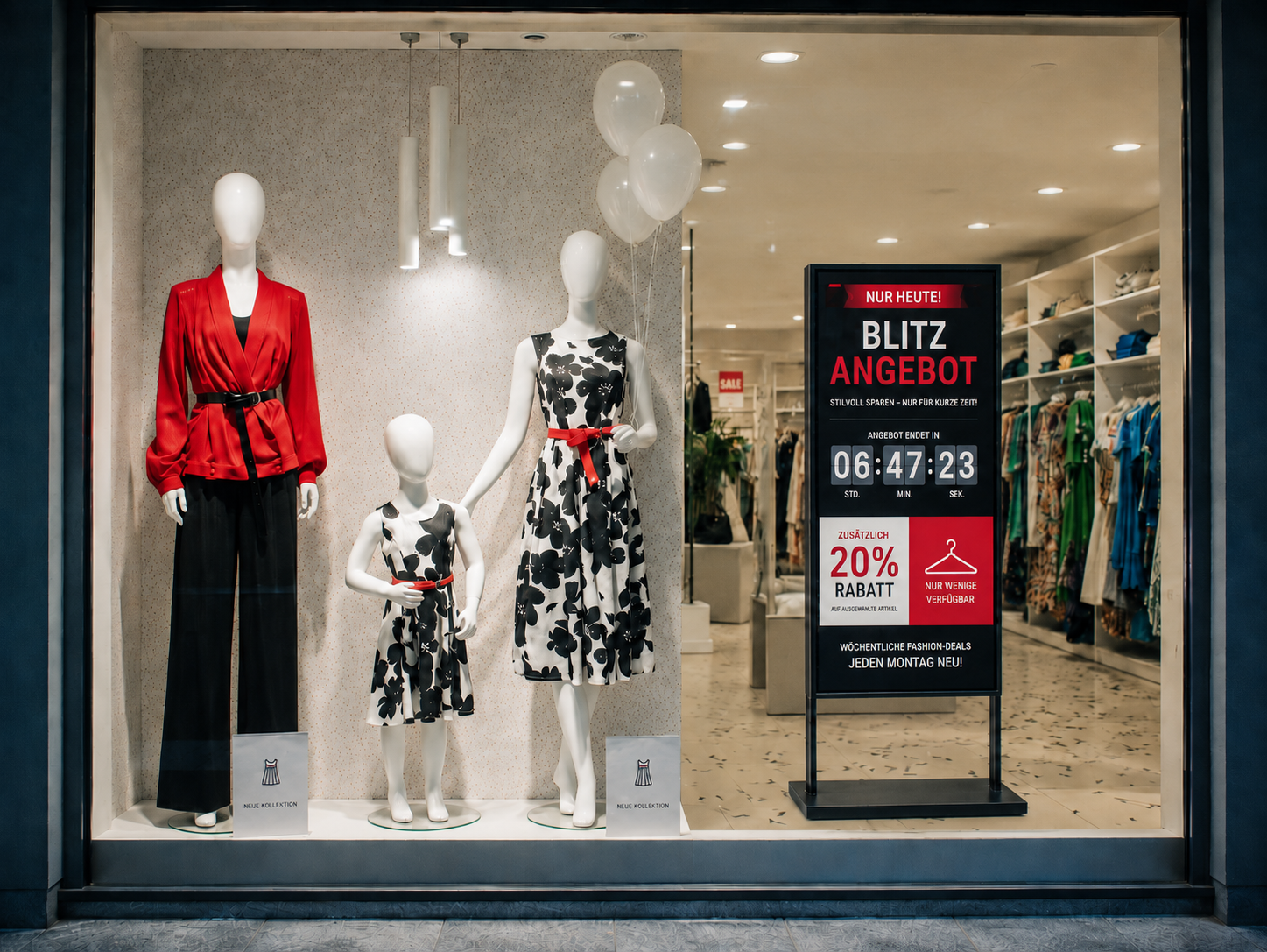 ScreenWay-Display in einem Modegeschäft zeigt eine zeitlich begrenzte Blitzangebot-Kampagne mit 20 Prozent Rabatt und Countdown-Timer ScreenWay-Display in einem Modegeschäft zeigt eine zeitlich begrenzte Blitzangebot-Kampagne mit 20 Prozent Rabatt und Countdown-Timer