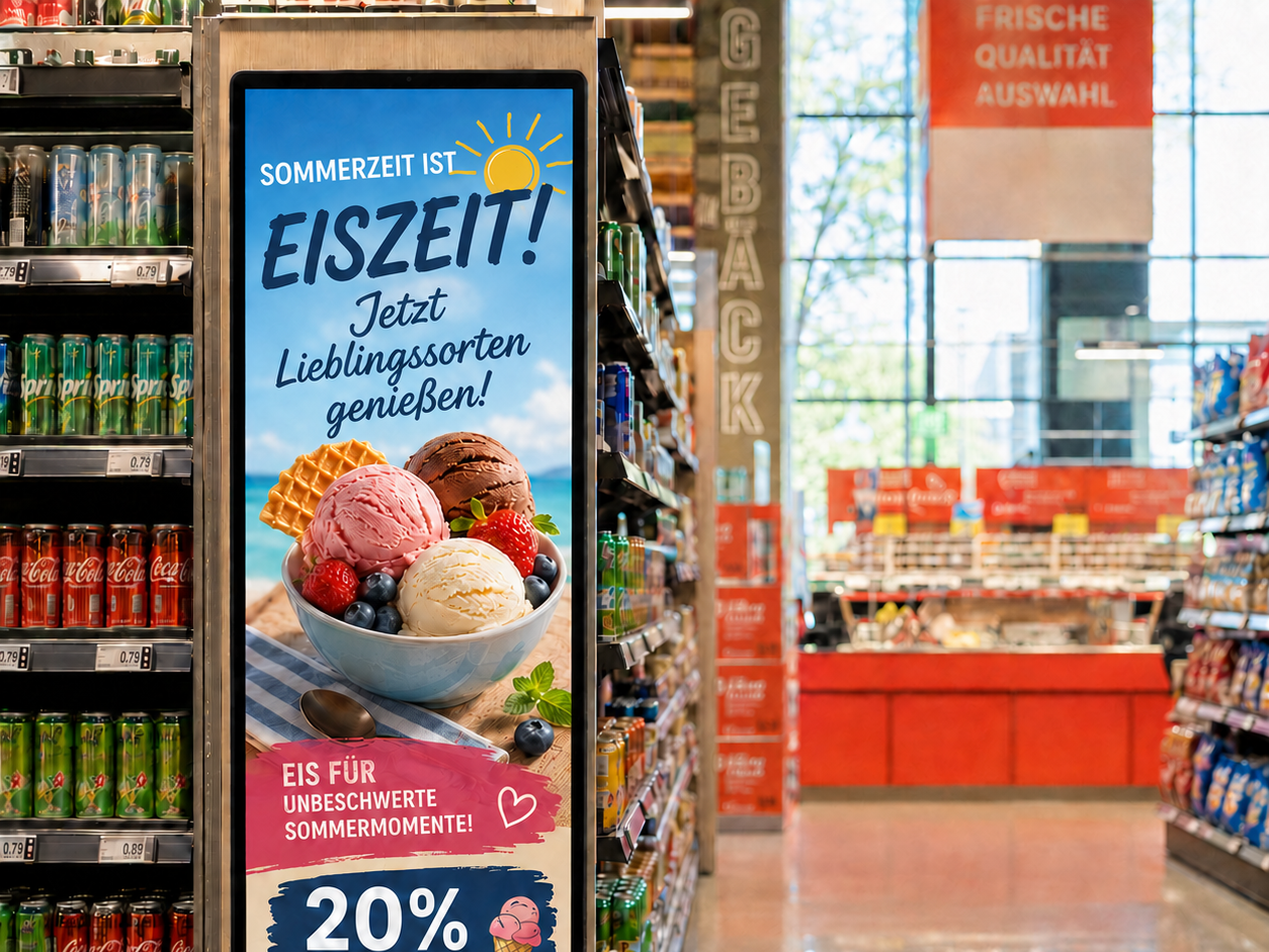 ScreenWay-Display im Supermarkt mit Sommer- und Eis-Kampagne, kontextbasiert auf das aktuelle Wetter ScreenWay-Display im Supermarkt mit Sommer- und Eis-Kampagne, kontextbasiert auf das aktuelle Wetter