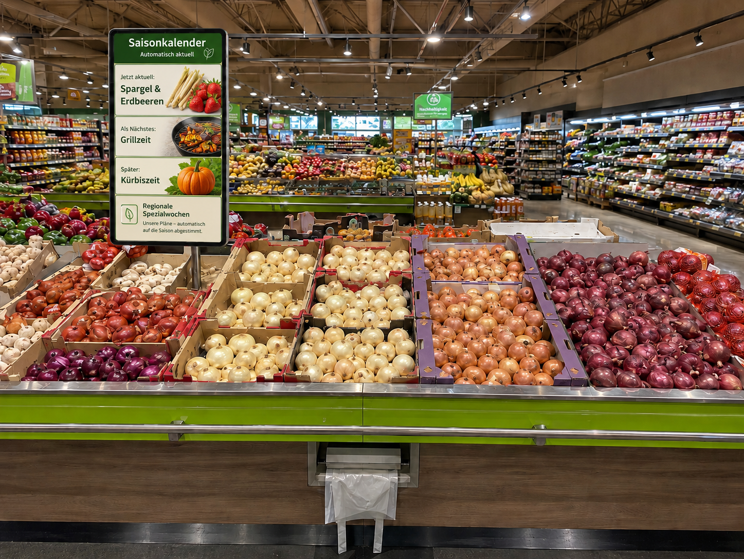Obst- und Gemüseabteilung mit ScreenWay-Saisonkalender, der automatisch Spargel, Grillzeit und Kürbiszeit ausspielt Obst- und Gemüseabteilung mit ScreenWay-Saisonkalender, der automatisch Spargel, Grillzeit und Kürbiszeit ausspielt