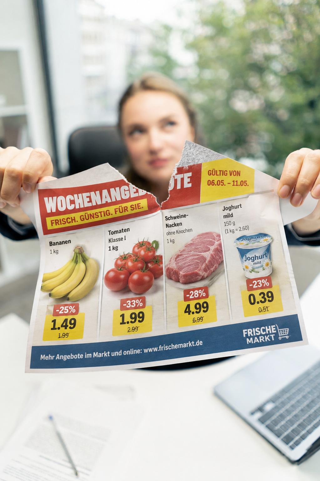 Person hält ein zerrissenes Papier-Werbeprospekt — Symbol für eingespartes Druckaufkommen durch digitale Displays Person hält ein zerrissenes Papier-Werbeprospekt — Symbol für eingespartes Druckaufkommen durch digitale Displays