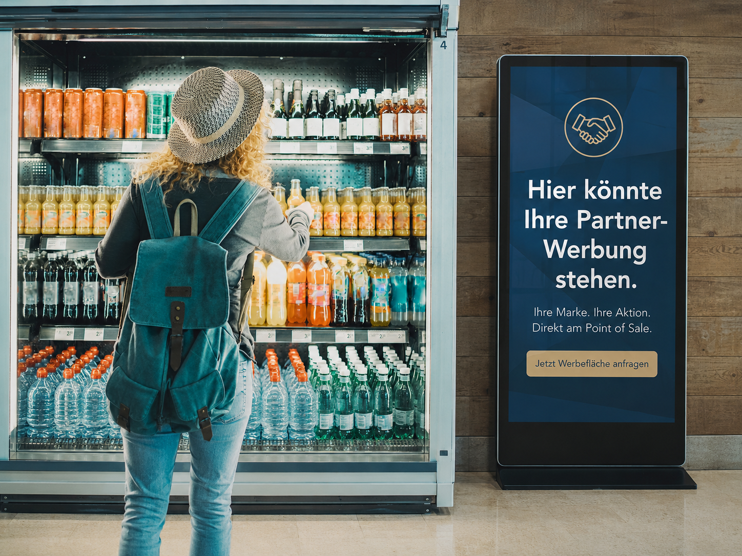 ScreenWay-Display mit Partner-Werbefläche neben einem Getränkekühlschrank am Point of Sale ScreenWay-Display mit Partner-Werbefläche neben einem Getränkekühlschrank am Point of Sale