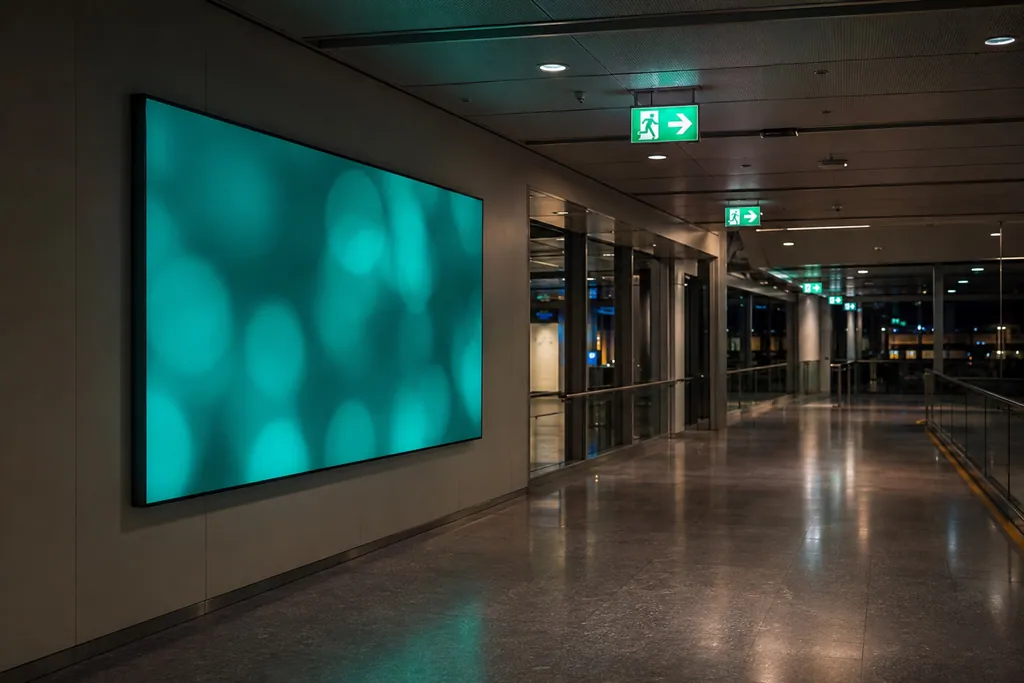 Leerer Terminalgang bei gedimmtem Licht mit grün leuchtenden Notausgang-Piktogrammen und einem Wandbildschirm im türkisen Standby